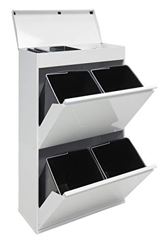 Arregui Top CR621-B Cubo de Basura y Reciclaje de Acero de 4 Compartimentos con Bandeja Superior | Cubos de Basura de Cocina | Contenedores de Reciclaje para Casa u Oficina | 4x17L (68L) | blanco