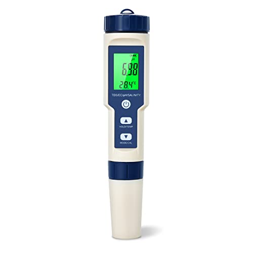 Poctme 5 en 1 Medidor pH con TDS EC Salinidad Temperatura Probador multifuncional de alta precisión a prueba de agua Compensación automática de Auto Calibración de la temperatura Medidor pH digital