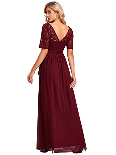 Ever-Pretty A-línea Encaje Talla Grande Vestido de Fiesta Cuello Redondo Largo para Mujer Borgoña 58