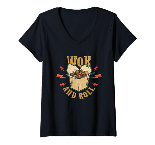 Wok and Roll - Sartén para fideos wok Camiseta Cuello V