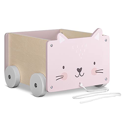 Navaris Caja de almacenamiento de juguetes - Baúl de madera para almacenaje en habitación de los niños - Cubo con ruedas y diseño de gato - Unisex
