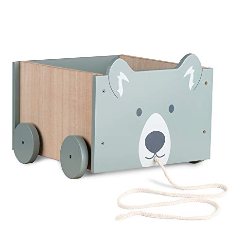Navaris Caja de almacenamiento de juguetes - Baúl de madera para almacenaje en habitación de los niños - Cubo con ruedas y diseño de oso - Unisex