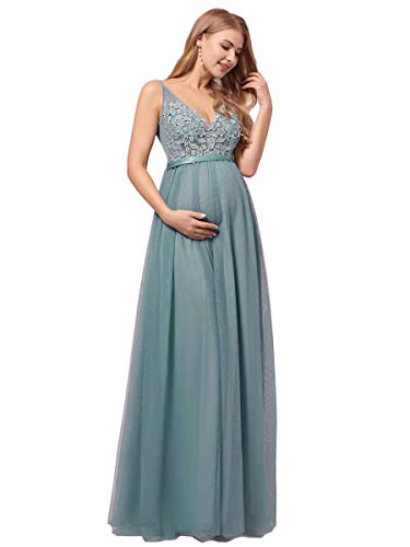 Ever-Pretty Premamá Vestido de Noche Largo para Mujer Embarazada Apliques Tul de Maternidad Apoyos De Fotografía Azul Polvoriento 48