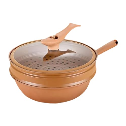 KARFRI Wok de arcilla antiadherente con cesta de vapor, sartén wok de hierro con tapa, wok antiadherente de arcilla multifunción y sartén wok de hierro para saltear con apto para inducción, eléctrico