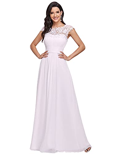 Ever-Pretty Vestido de Novia Encaje Largo para Mujer A-línea Gasa Escote Redondo Corte Imperio Elegantes Blanco 38