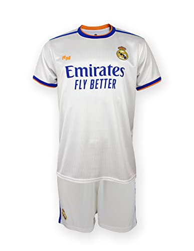 Real Madrid Conjunto niño Camiseta y Pantalón 1ª EQ. Temporada 2021-22 - Producto con Licencia - 100% Poliéster - Dorsal Liso - Talla niño 8 años