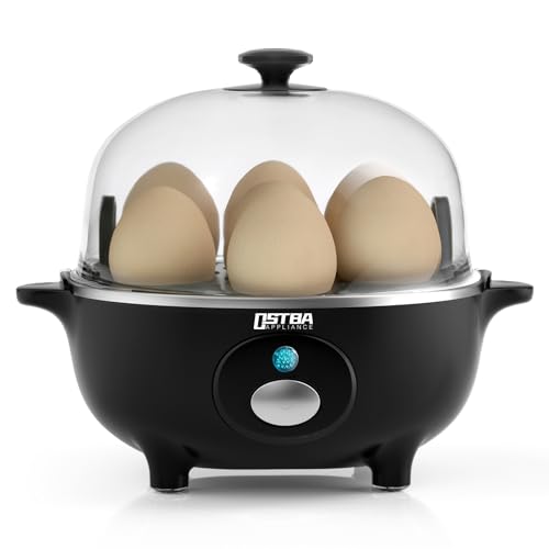 OSTBA Cocedor de Huevos, Cocedor Huevos de 360 W, 7 huevos fáciles de pelar, huevos blandos, medianos, duros, pochados, fabricante de tortillas, vaporera, zumbador, luz indicadora, libre de BPA