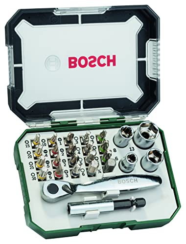 Bosch Professional 2607017322 Puntas de Destornillador + Trinquete (Juego de 26), Color Negro