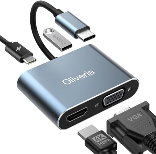 Oliveria Adaptador USB C a HDMI VGA, 4K @ 30 Hz, 4 en 1, USB C, multipuerto Thunderbolt 3 a HDMI VGA, PD 100 W, puerto de carga USB 3.0, conector MacBook/MacBook Pro/Air, Chromebook, Dell, HDTV,