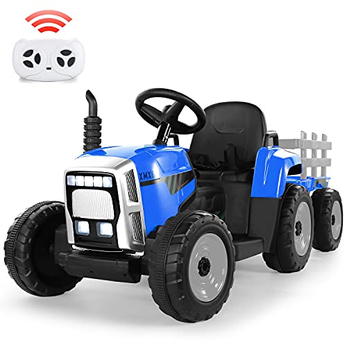 Tractor Eléctrico 12V 7Ah, 2+1 Cambio de Marchas, 25W Tractor Batería con Remolque, Bocina/ Reproductor MP3/ Bluetooth/ Puerto USB/ Faro de 7 LED, Control Remoto para Niño 3-6 años (Azul)