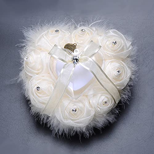 BROLEO Almohada para anillos de boda, almohada de plumas de avestruz con diamantes de imitación, almohada de anillo de boda en forma de corazón, accesorio de boda, accesorios de fotos (crema)