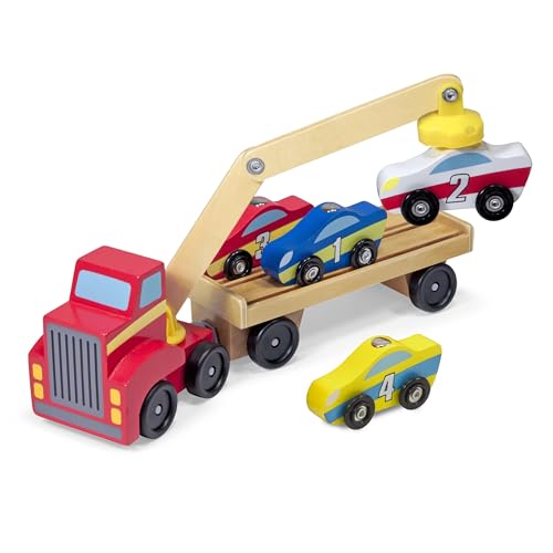 Melissa & Doug Wooden Car Transporter Toy Truck, Magnetic Wooden Cars & Truck Toy Crane , Wooden Toys for 3 Year Old Boy Gifts , Toy Car Set , Toddler Toy Cars for 3+ Year Old Boys & Girls 3 4 5 6