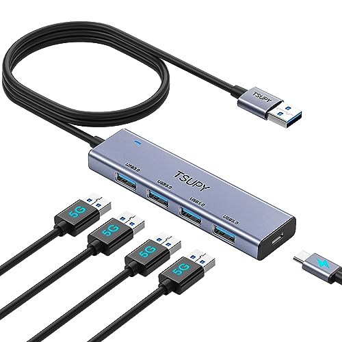 TSUPY Hub 3.0 USB, 5 Puertos USB Aluminio Adaptador para Transmisión Rápida Datos, Cable 1,2m Largo, 4 * 3.0 USB Splitter Concentrador 1 * Tipo C Carga, Compatible con PC, Macbook Air, iMac, iPad Pro