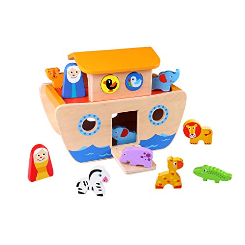 Tooky Toy Juguete de madera para niños – Arca de Noé con bloques de colores y animales – 26 x 19 x 14 cm