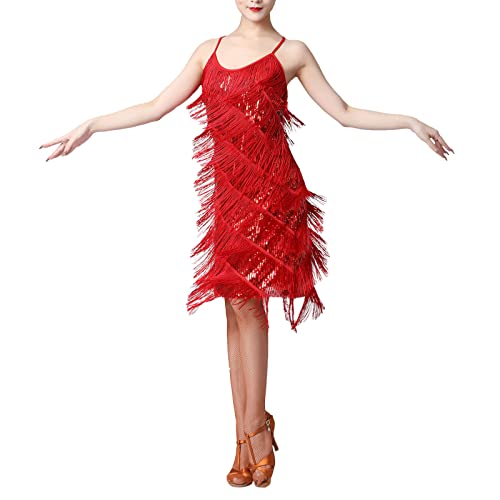 Vestido de Baile Latino para Mujer Vintage Lentejuela Vestido con Borla Disfraz de 1920s Gastby Vestido de Rumba Tango Salsa Samba con Flecos Ropa de Baile de Salón Dancewear Rojo XXX-Large