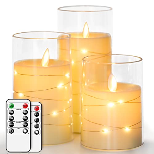 salipt Velas Eléctrica LED Efecto Llama en Vaso de Cristal - Juego de 3 velas a Pilas con Control Remoto, Temporizador, 7.6 cm de Diámetro, 10.2 12.7 15.3 cm de Altura - Cadena de Luces