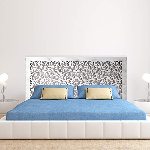 Cabecero de cama en madera Calada, para cama de 150. Fabricado artesanalmente en España . Decorado con mandala floral Pintada a Mano- Modelo Mosaico 154 (Blanco Envejecido, 160x80 cm)
