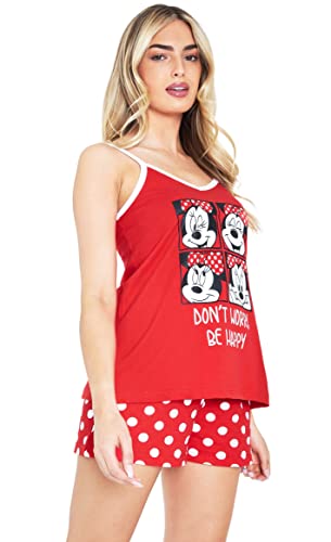 Disney Pijamas Mujer Verano, Conjuntos de Dos Piezas Pantalones Cortos Mujer y Camiseta Tirantes Regalos Originales Stitch Minnie Mickey S-XL (Rojo/Blanco Minnie, M)