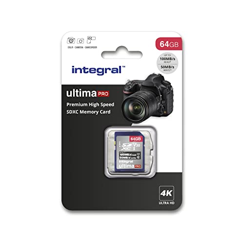 Integral Tarjeta SD de 64 GB 4K Ultra-HD Video Alta Velocidad Tarjeta de Memoria SDXC V30 UHS-I U3 Clase 10 de hasta 100 MB/s, el color puede variar