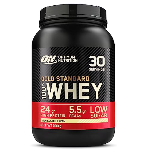 Optimum Nutrition Gold Standard 100% Whey, Proteína en Polvo para Recuperacíon y Desarrollo Muscular con Glutamina Natural y Aminoácidos BCAA, Sabor Helado de Vainilla, 30 Dosis, 900 g