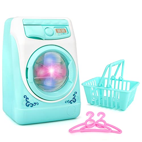 deAO Mini Juguete para Lavador Pretenda electrodomésticos de Juguete con Pilas Sonidos realistas con Luces Juego de lavandería Juego con Percha y Canasta para niños (Verde)