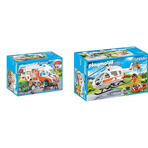 PLAYMOBIL City Life Playset, Ambulancia con Luces, Multicolor (70049) + City Life Helicóptero De Rescate, Multicolor (70048)
