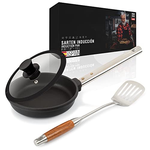 scroos - Sarten profesional Chef antiadherente de 20 cm para todo tipo de calor.Set y juego de cocina con tapa de vidrio y espátula de acero