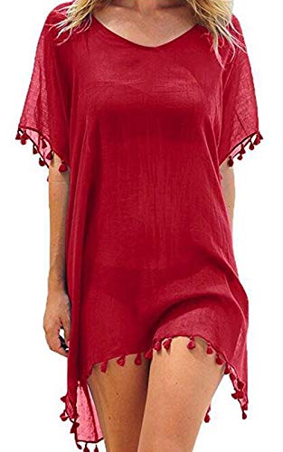 heekpek Vestido de Playa Traje de Baño Camisolas y Pareos Playero con Borla para Verano Bikini Cover up(Rojo)