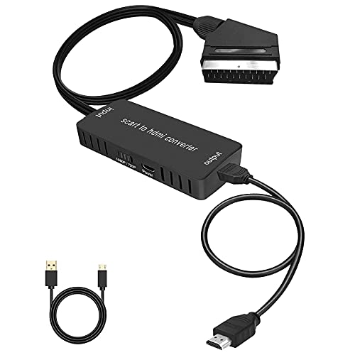 Convertidor SCART a HDMI con cable HDMI, Wrugste Scart en salida HDMI HD 720P/1080P Conmutador de audio de vídeo adaptador para monitor HDTV proyector Xbox PS3 VHS STB Sky reproductor de DVD Blu-ray