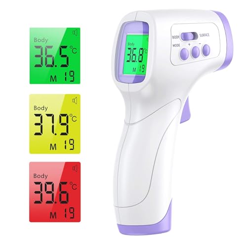 Retoo Termómetro clínico infrarrojo digital sin contacto con pantalla LCD, termómetro de frente para bebés y niños, alarma de fiebre de tres colores, termómetro de frente contra fiebre
