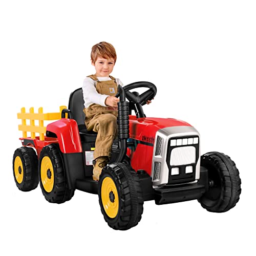 Tractor Eléctrico 12V 7Ah, 25W Tractor Batería con Remolque, 2+1 Cambio de Marchas, Bocina/ Reproductor MP3/ Bluetooth/ Puerto USB/ Faro de 7 LED, Control Remoto para Niño 3-6 años (Rojo)