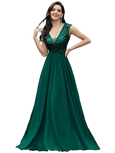 Ever-Pretty Vestido de Dama de Honor Lentejuelas Tul sin Mangas Cuello en V Corte Imperio A-línea para Mujer Verde Oscuro 48