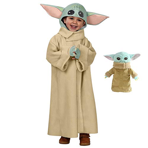 Disfraz de Cosplay de Star Wars Baby Yoda, Disfraz de Disney para niños, Utilizado para niños, niñas, Disfraces, Fiesta de niños pequeños, Halloween (Viene con el Juguete de Peluche Baby Yoda) (M)