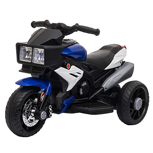 HOMCOM Moto Eléctrica Infantil con 3 Ruedas para +3 Años Triciclo con Pedal para Niños Batería 6V con Luces Música Neumáticos Anchos Velocidad 3 km/h 86x42x52 cm Azul y Negro