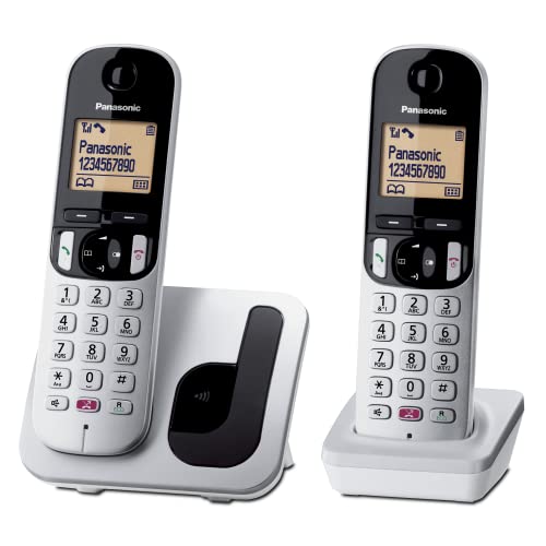 Panasonic KX-TGC252SPS Teléfono Inalámbrico Digital Para Personas Mayores Con Bloqueo De Llamadas No Deseadas, Pantalla Fácil De Leer, Altavoz Manos Libres, Reloj Despertador, Dos teléfonos, Plateado.