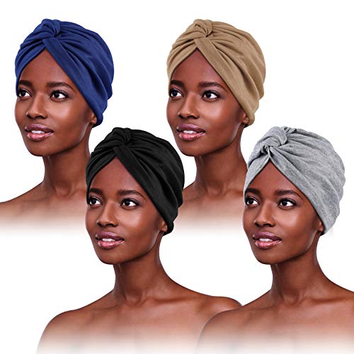 4 Piezas Turbantes para Mujer,Pañuelos Quimioterapia,Gorros Oncologicos para Mujer,Pañuelo Cabeza Mujer, Mujer Pelo Largo Verano Turbantes Lástico Frontal Cruzado Algodón