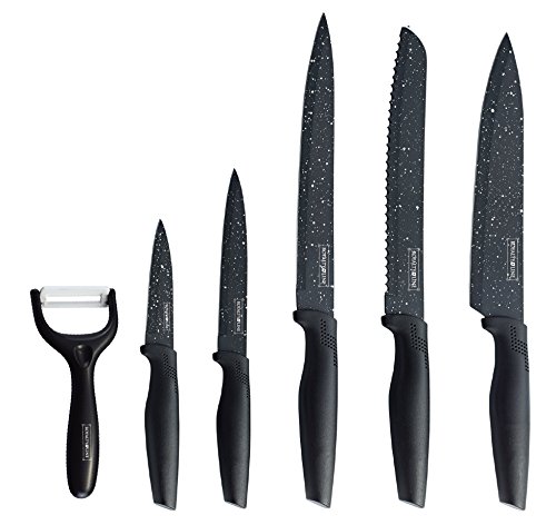 Royalty Line - Juego de 5 cuchillos de cocina + pelador recubierto de cerámica con mango oscuro - RL-MB5 - pan, carne, espiguilla, universal
