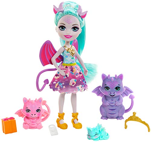 Royal Enchantimals Muñeca invitada con regalos con familia de dragones de juguete (Mattel GYJ09)