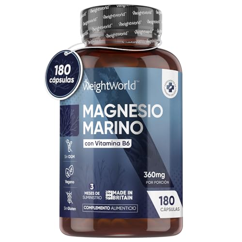 Magnesio Marino con Vitamina B6 de Alta Potencia 360mg, 180 Cápsulas - Suplemento Natural, Reduce el Cansancio, Para Correcta Función Nerviosa, Muscular, Psicológica y Metabólica