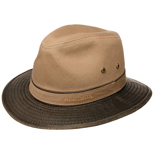 Stetson Traveller con protección UV 40, Hombre - Plegable - Sombrero de Verano en Look Usado - con Logotipo Bordado - Sombrero de Tela - Primavera/Verano Beige Oscuro L (58-59 cm)