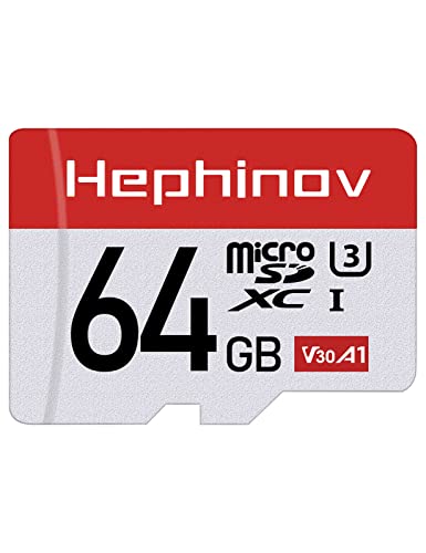 Hephinov Tarjeta Micro SD 64GB hasta 100 MB/s, Tarjeta de Memoria microSDXC con Adaptador SD (A1, U3, C10, V30, 4K UHD & Full HD), Tarjeta TF para Móvil, Switch, Gopro, Tableta, Dron