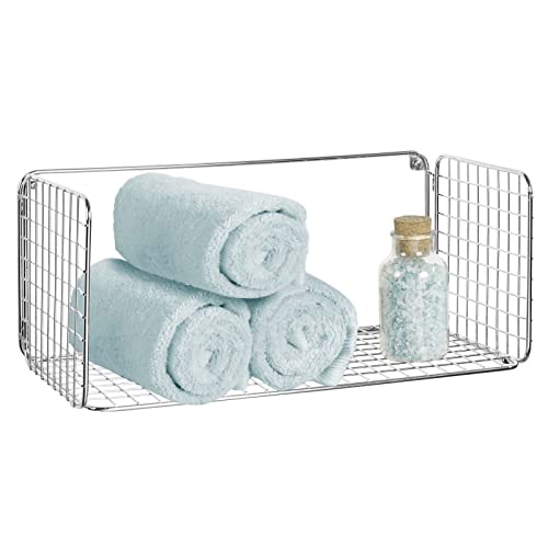 mDesign Balda para baño plegable – Práctica repisa de pared de alambre metálico – Cesta de alambre para guardar toallas de baño, champú y más – Estante de metal con diseño de rejilla – plateado