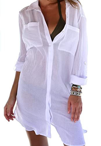 JFAN Vestidos Verano para Mujer Botón de Bolsillo Camisa de Playa Manga Larga Casual de Color Sólido
