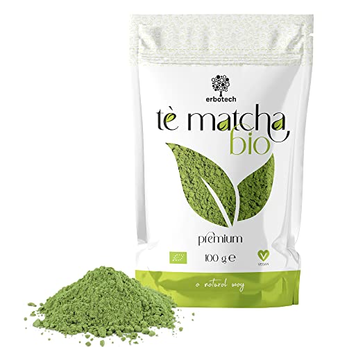 ERBOTECH Te Matcha BIO/Polvo de Té Verde Japonés Orgánico 100 g, Multivitamínico 100% Natural, Vegan. Ideal para Pasteles, Batidos, Thé Helado