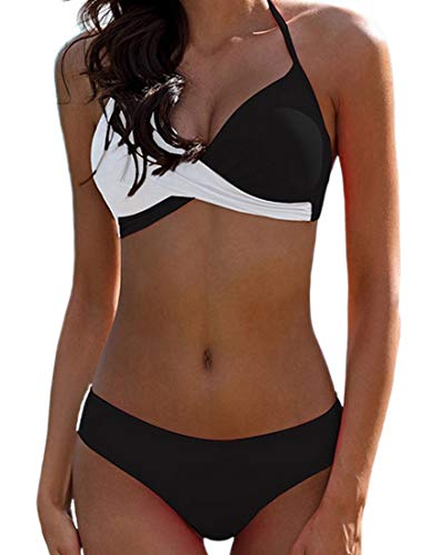 Bikini Elegante Traje de Baño Conjunto Bañador Halter Sexy Sólido para Mujer Ropa de Playa Traje de Baño Bikini Sets Talla Grande (Negro, XL)