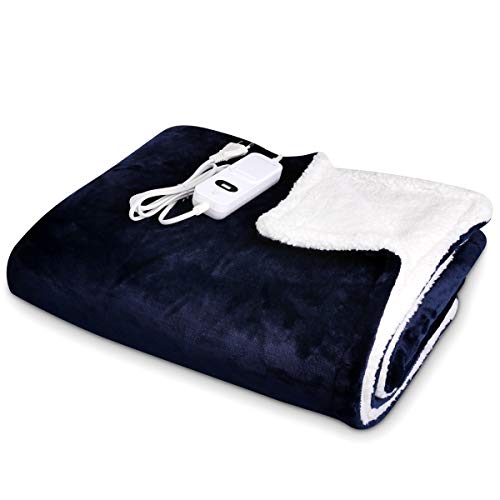 Navaris Manta eléctrica para hombros cuello y brazos - Poncho eléctrico con forma de U y mando - Manta térmica lavable para espalda - Azul y blanco