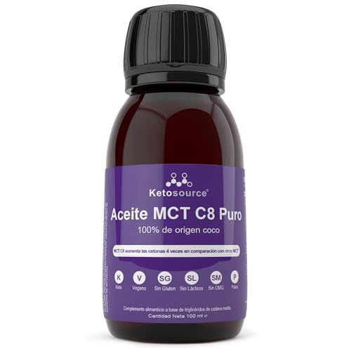 Aceite MCT C8 Puro | Aumenta las Cetonas 4 Veces en Comparación con Otros MCT | Alto 99%+ Pureza | Apoya Nutrición Keto y Ayuno | Origen Coco 100% | Bulletproof Coffee | 100ml | Ketosource®