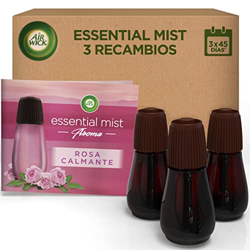 Air Wick Essential Mist, recambios de ambientador difusor de aceites esenciales para casa con aroma a Rosa, Multicolro, pack de 3 recambios