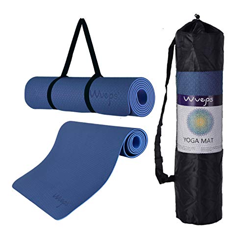Wueps esterilla yoga, incluye correa de hombro y bolsa de transporte, ideal para realizar deporte en casa, mat antideslizante (Color Azul Oscuro y Azul Claro)