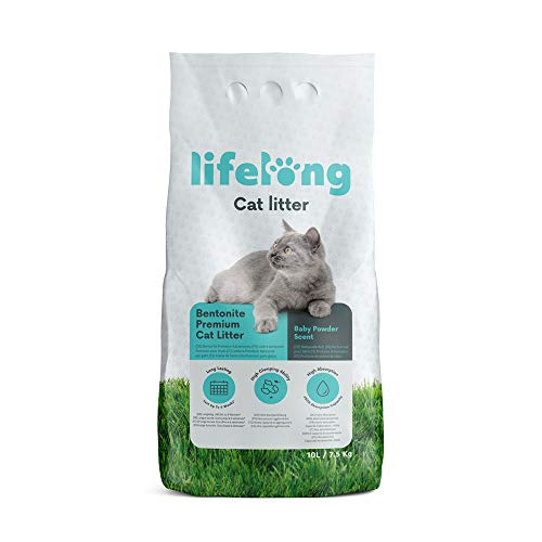 Marca Amazon Lifelong Arena de bentonita para gatos, Premium con perfume de talco 10L